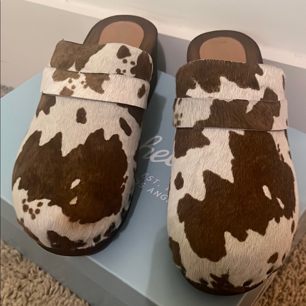 Brown and White Cow Print Clogs
